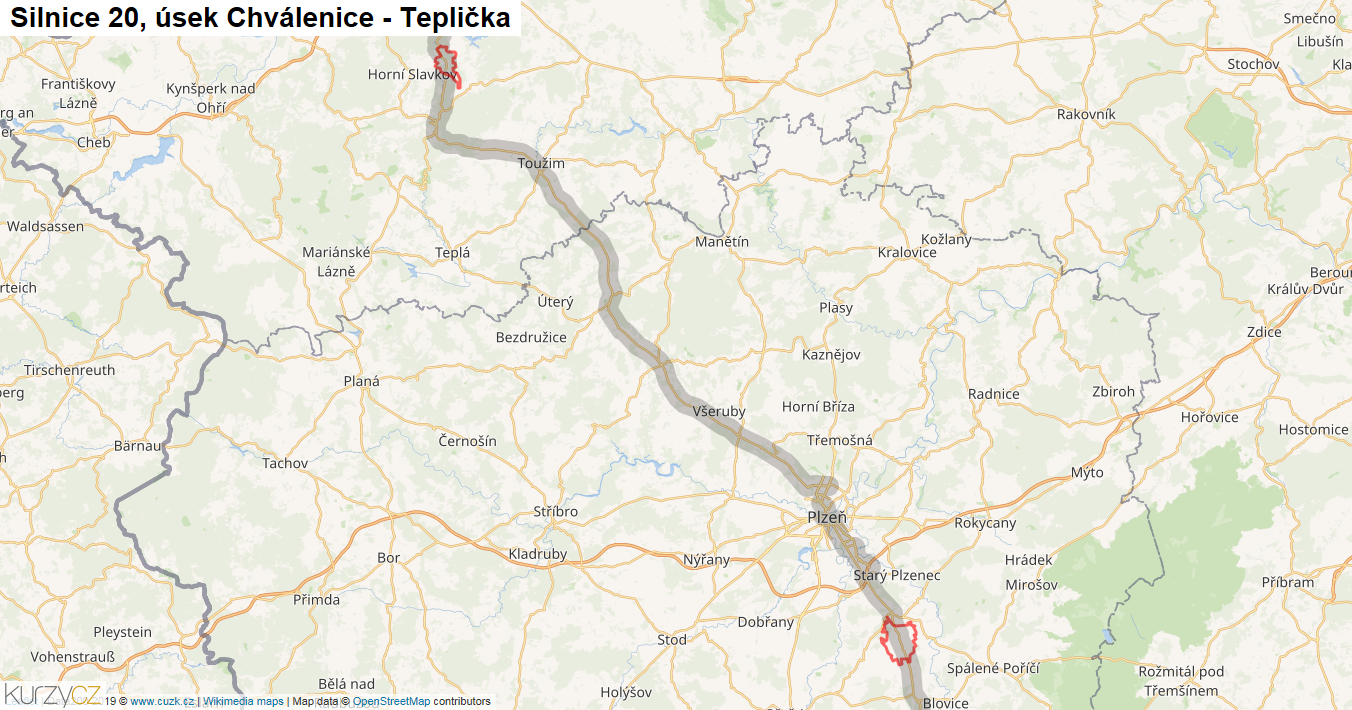 Úsek Chválenice - Teplička, Silnice 20 - Mapa