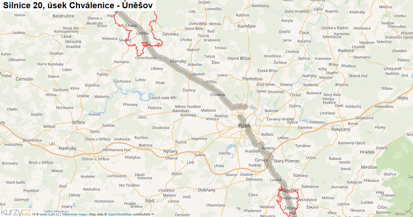 Úsek Chválenice - Úněšov, Silnice 20 - Mapa