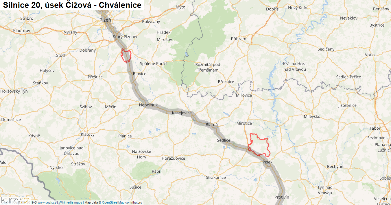 Úsek Čížová - Chválenice, Silnice 20 - Mapa