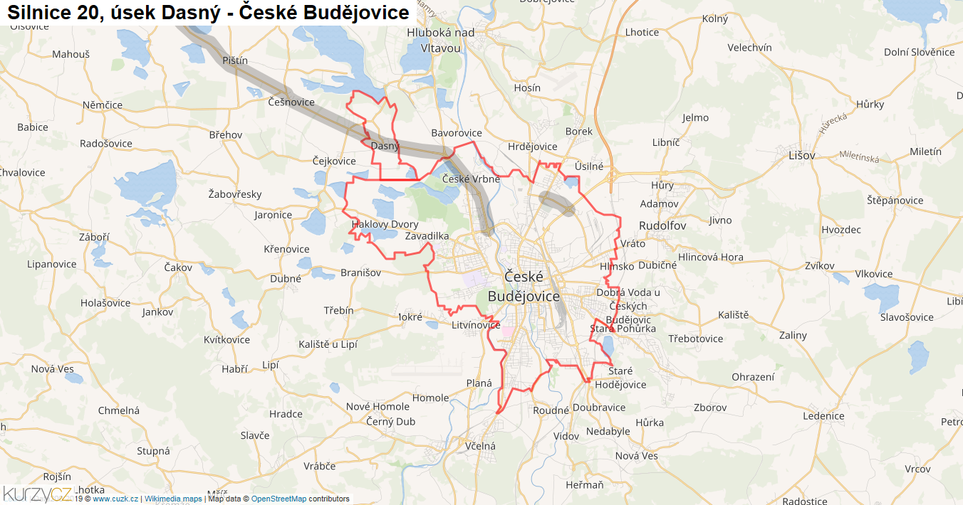 Úsek Dasný - České Budějovice, Silnice 20 - Mapa