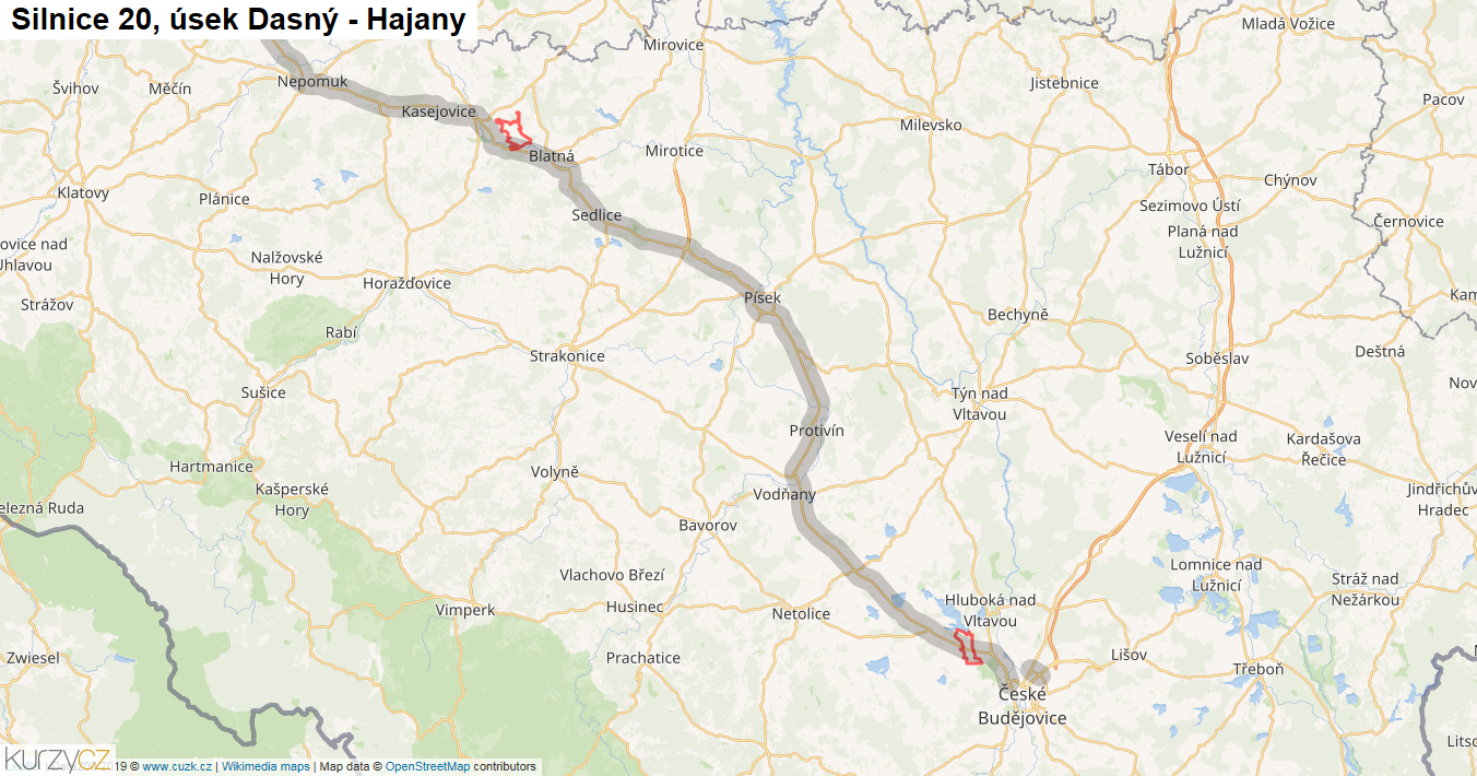 Úsek Dasný - Hajany, Silnice 20 - Mapa