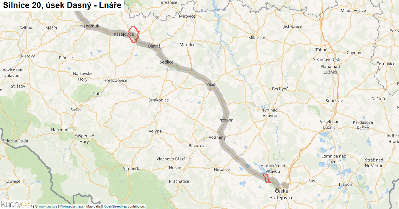 Úsek Dasný - Lnáře, Silnice 20 - Mapa