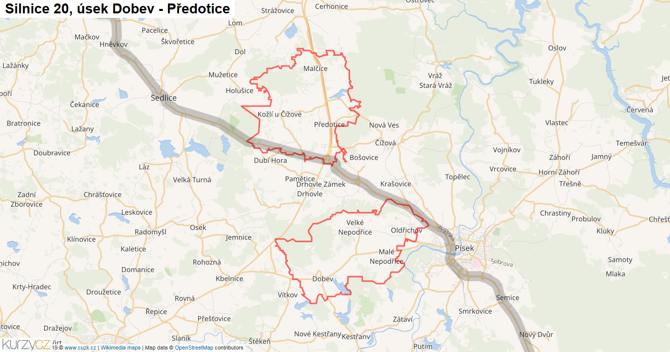 Úsek Dobev - Předotice, Silnice 20 - Mapa