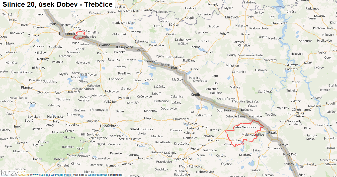 Úsek Dobev - Třebčice, Silnice 20 - Mapa