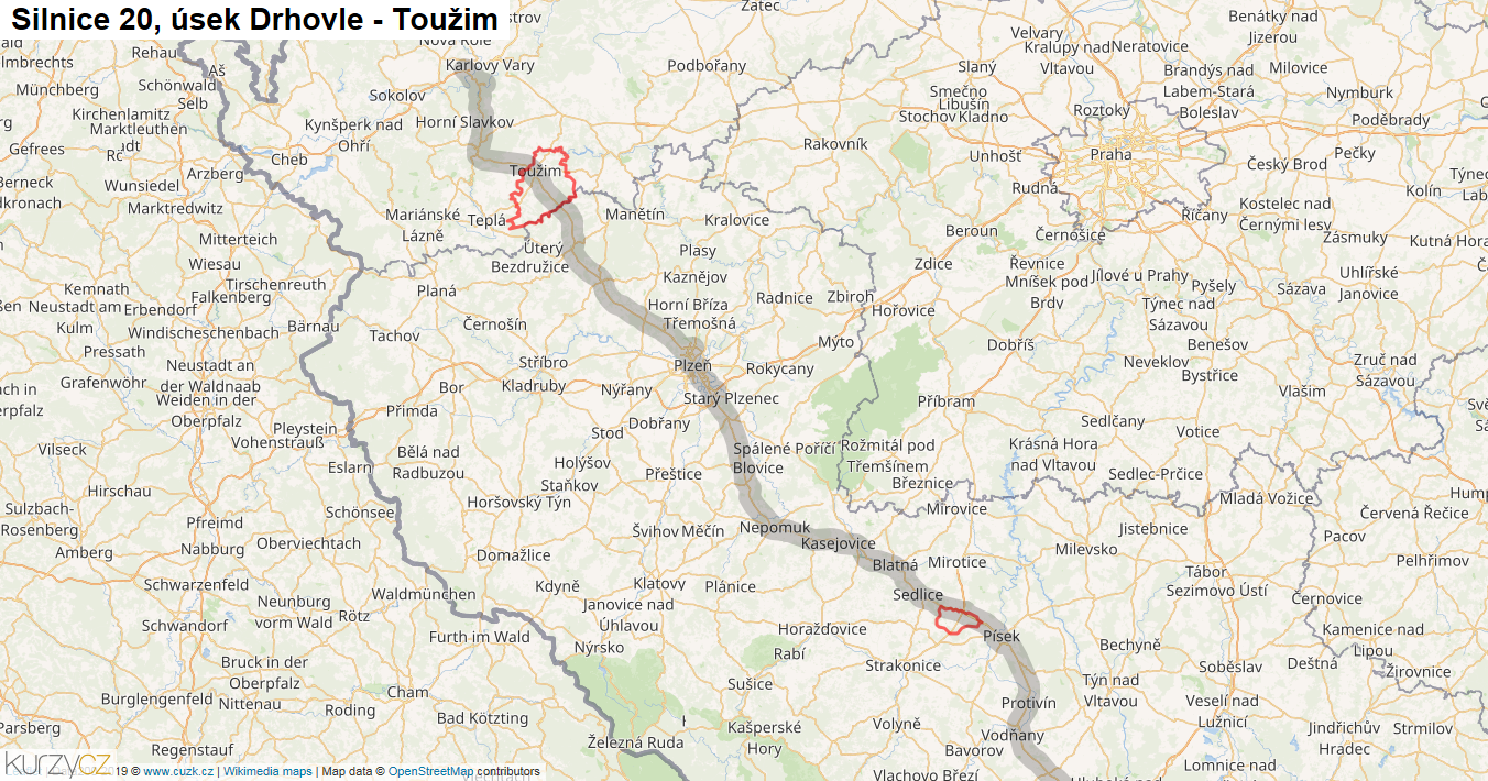 Úsek Drhovle - Toužim, Silnice 20 - Mapa
