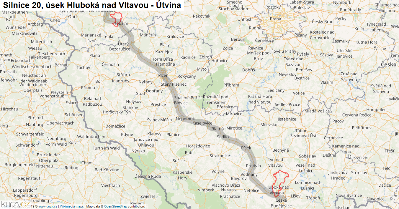 Úsek Hluboká nad Vltavou - Útvina, Silnice 20 - Mapa