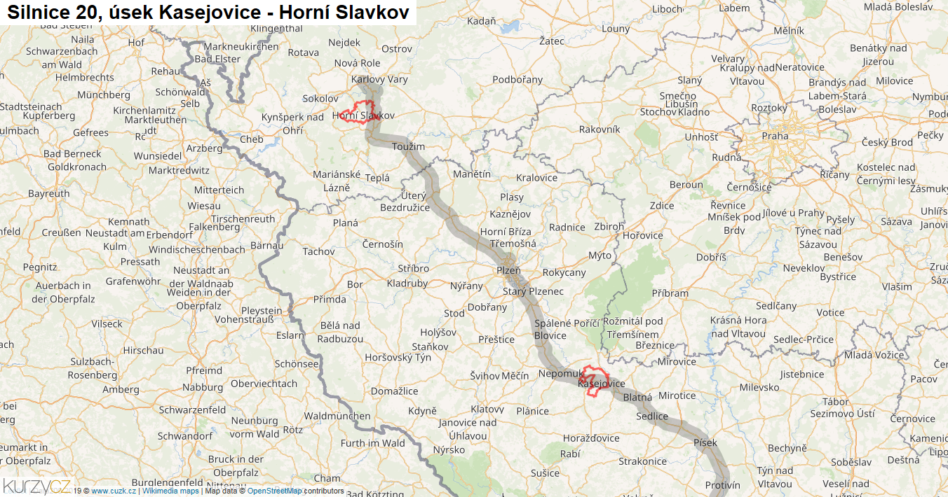 Úsek Kasejovice - Horní Slavkov, Silnice 20 - Mapa