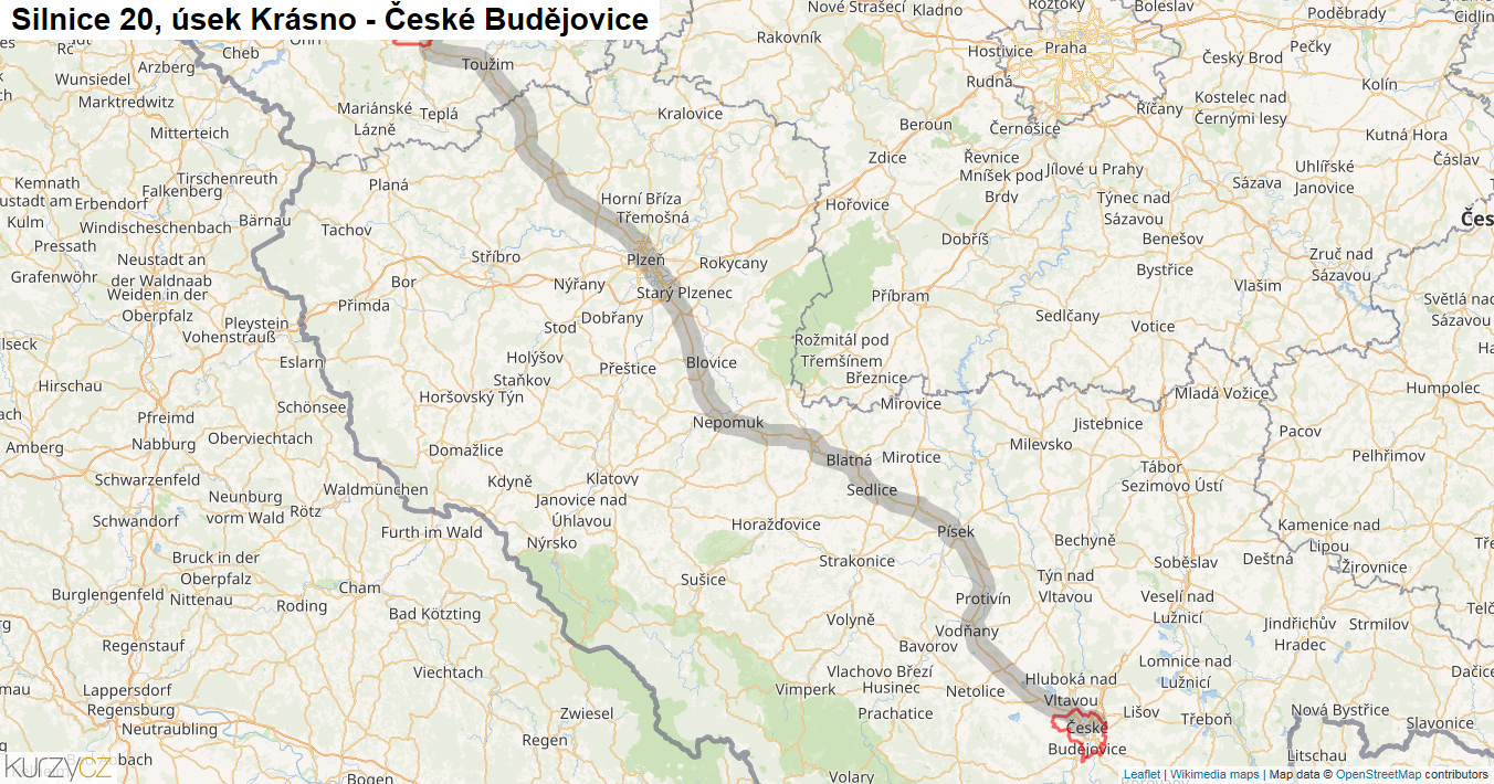 Úsek Krásno - České Budějovice, Silnice 20 - Mapa