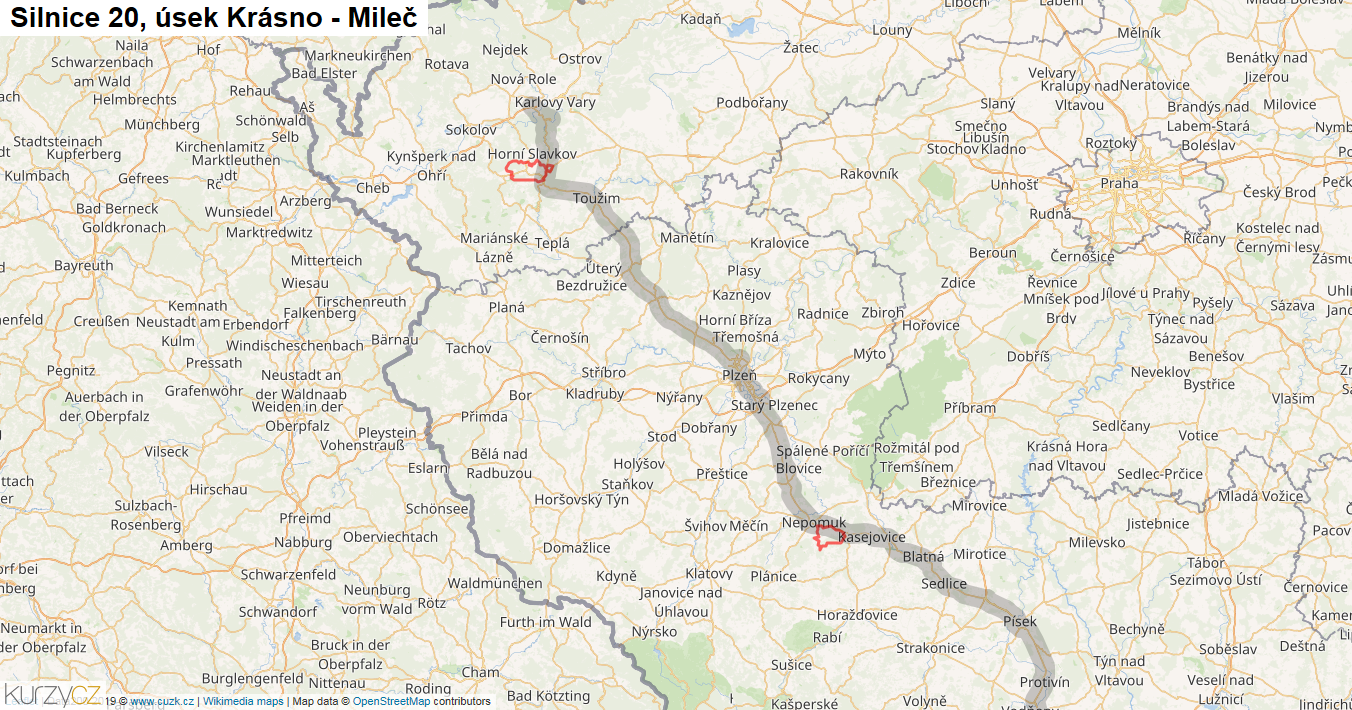 Úsek Krásno - Mileč, Silnice 20 - Mapa