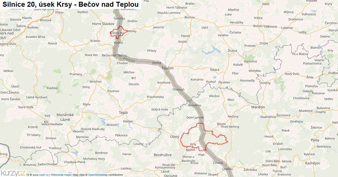 Úsek Krsy - Bečov nad Teplou, Silnice 20 - Mapa