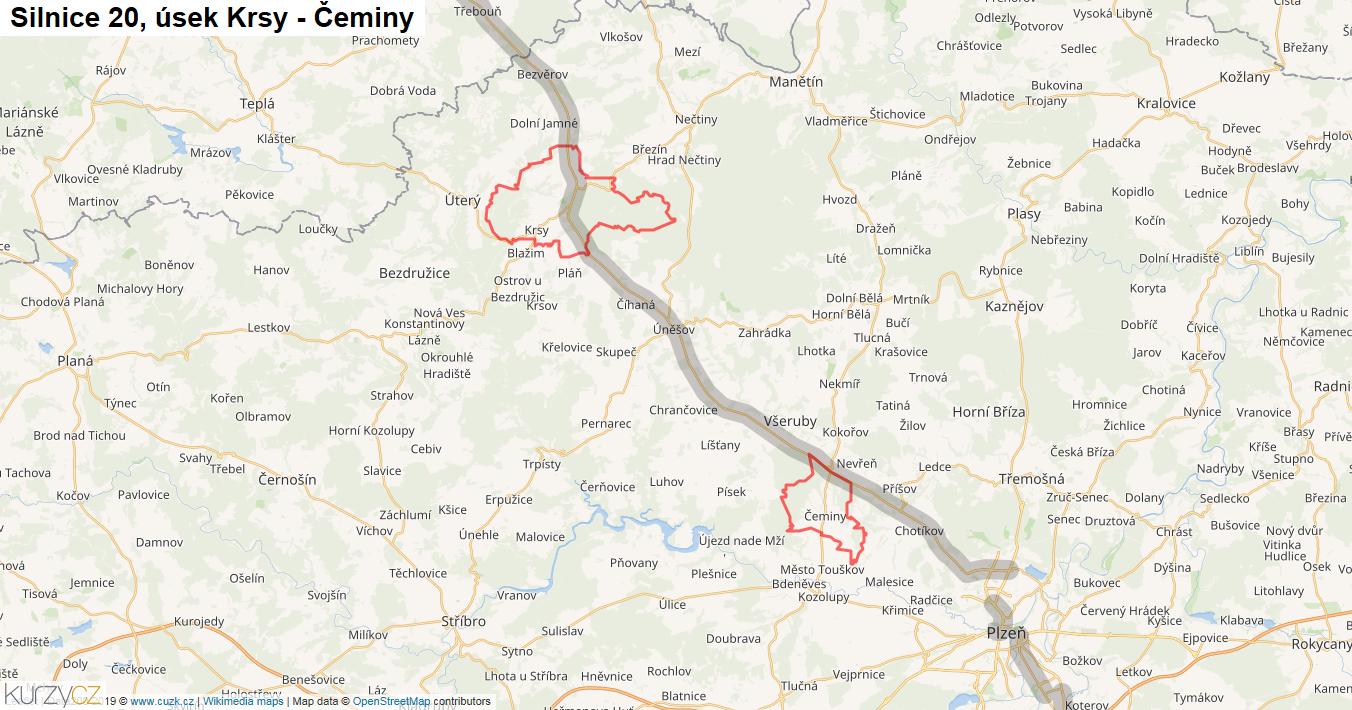 Úsek Krsy - Čeminy, Silnice 20 - Mapa