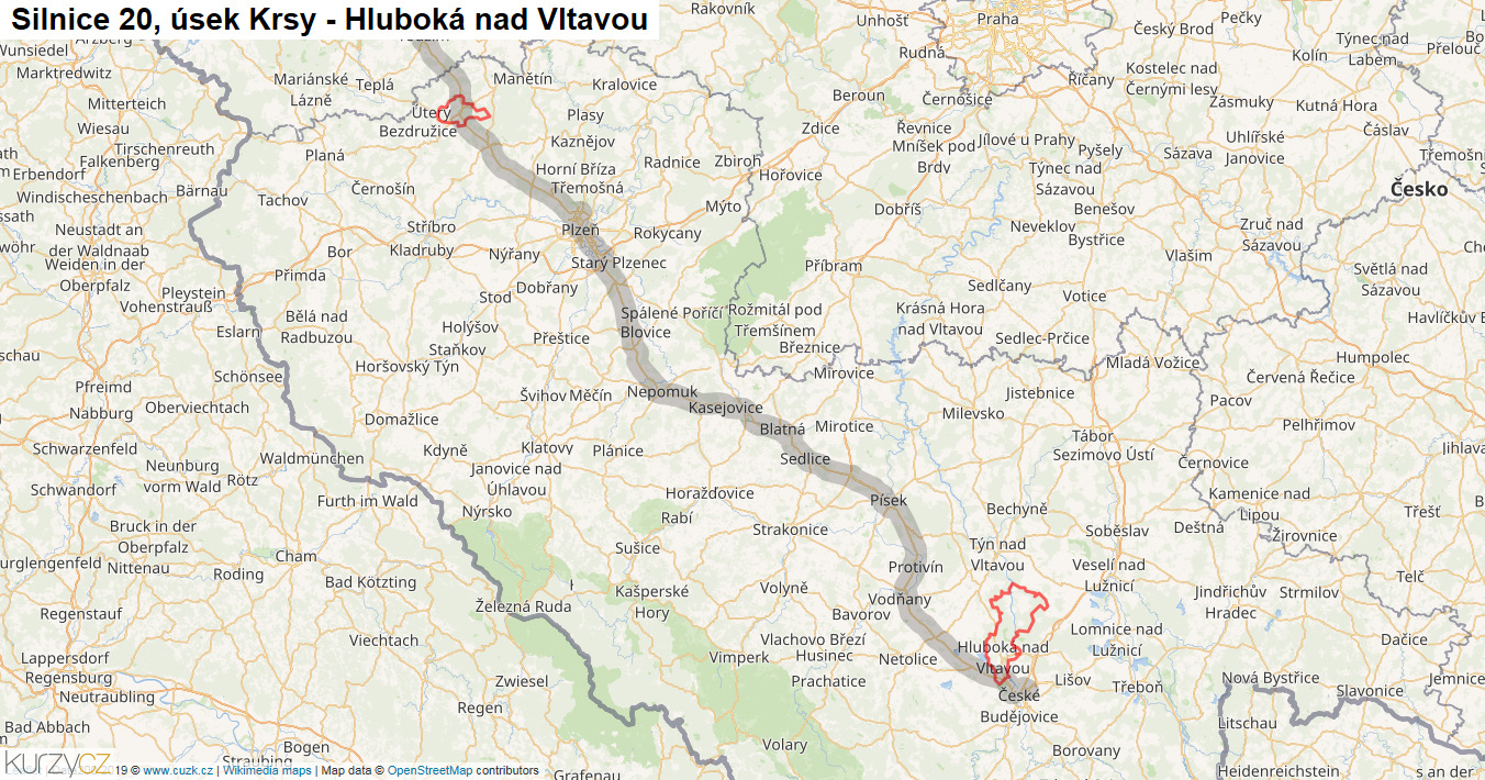 Úsek Krsy - Hluboká nad Vltavou, Silnice 20 - Mapa