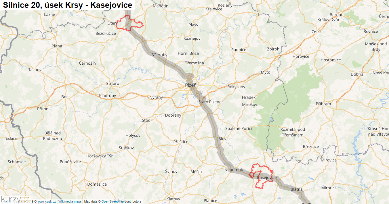 Úsek Krsy - Kasejovice, Silnice 20 - Mapa