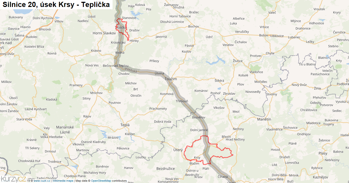 Úsek Krsy - Teplička, Silnice 20 - Mapa