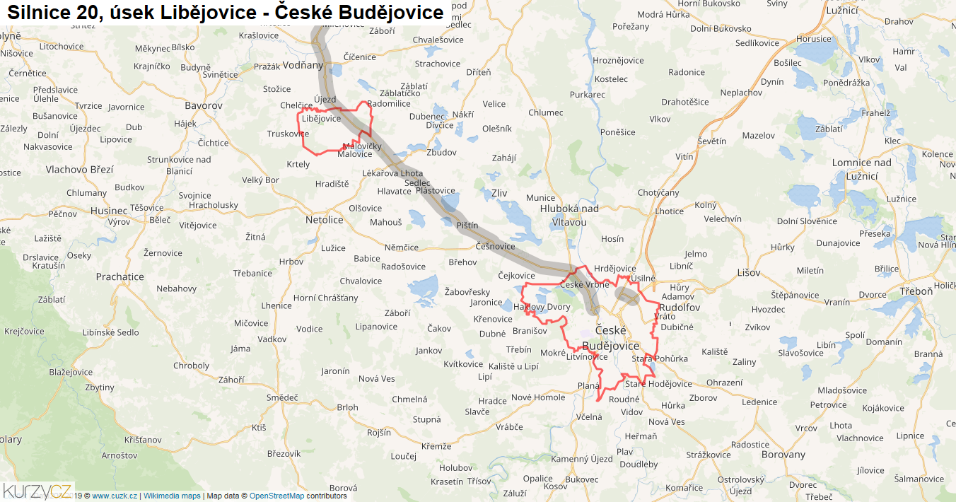 Úsek Libějovice - České Budějovice, Silnice 20 - Mapa