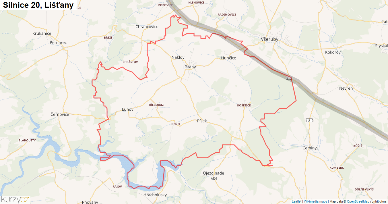 Líšťany, Silnice 20 - Mapa