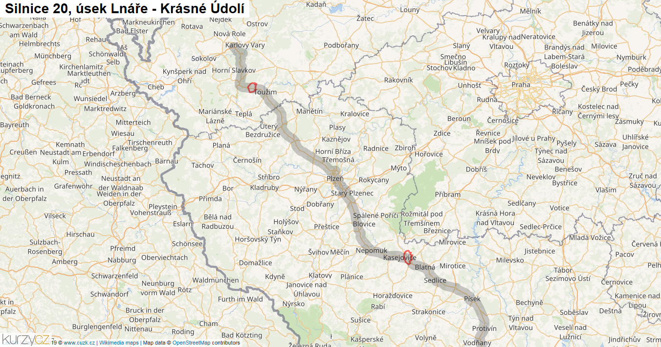 Úsek Lnáře - Krásné Údolí, Silnice 20 - Mapa