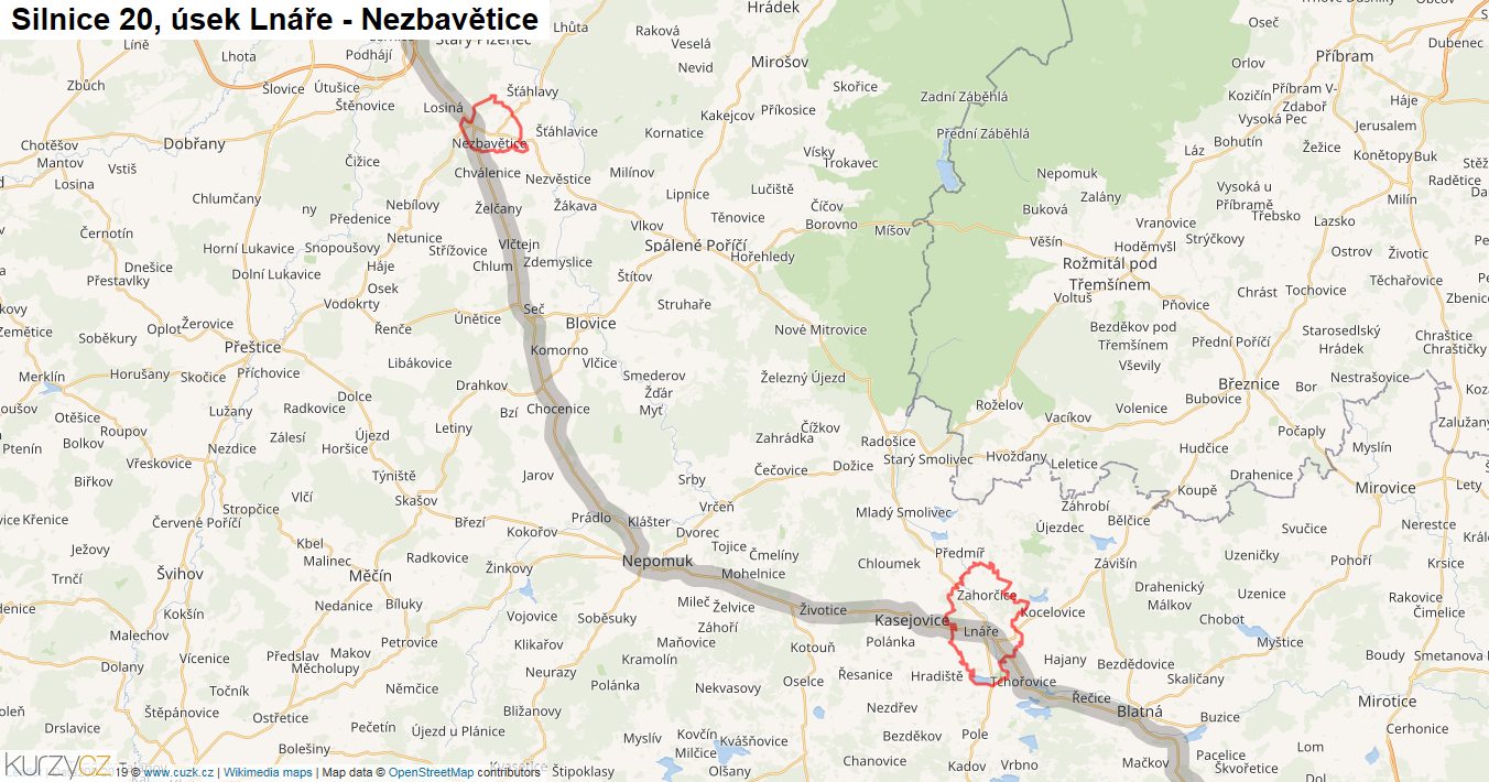 Úsek Lnáře - Nezbavětice, Silnice 20 - Mapa