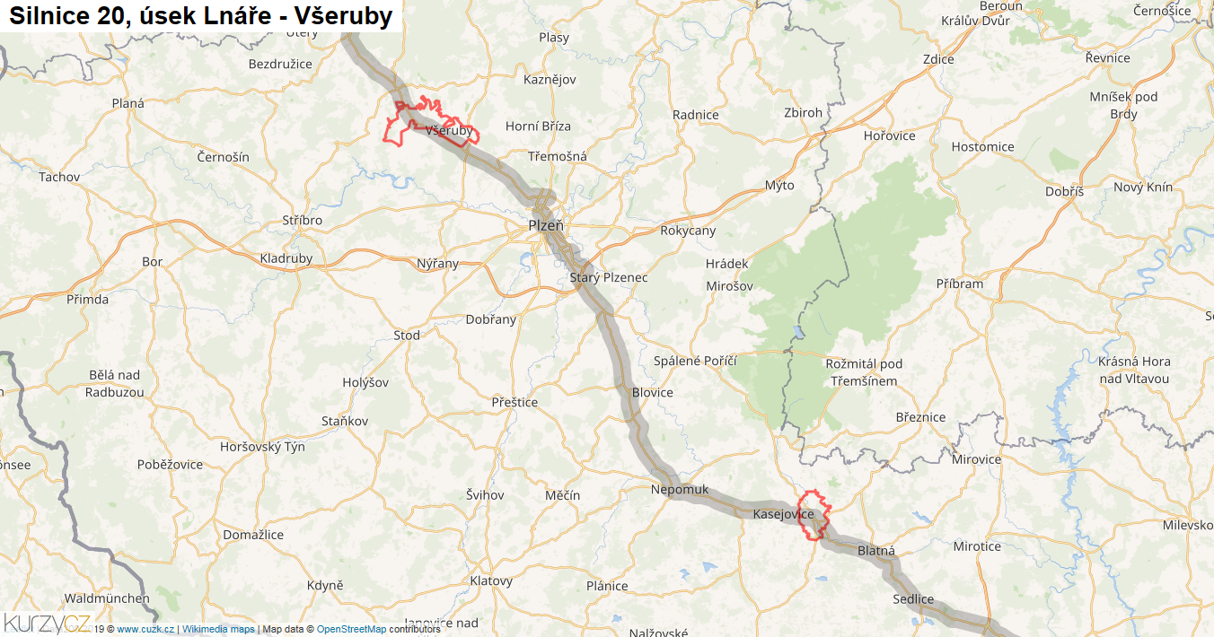 Úsek Lnáře - Všeruby, Silnice 20 - Mapa