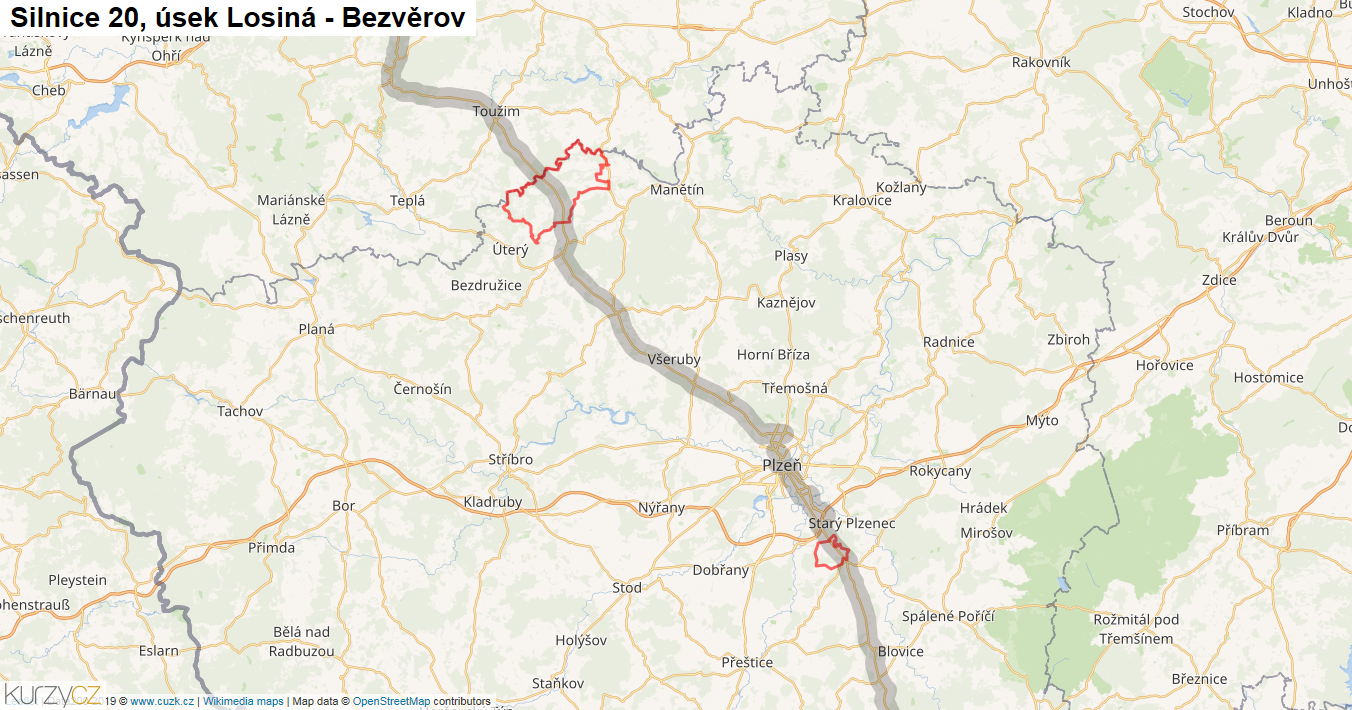 Úsek Losiná - Bezvěrov, Silnice 20 - Mapa