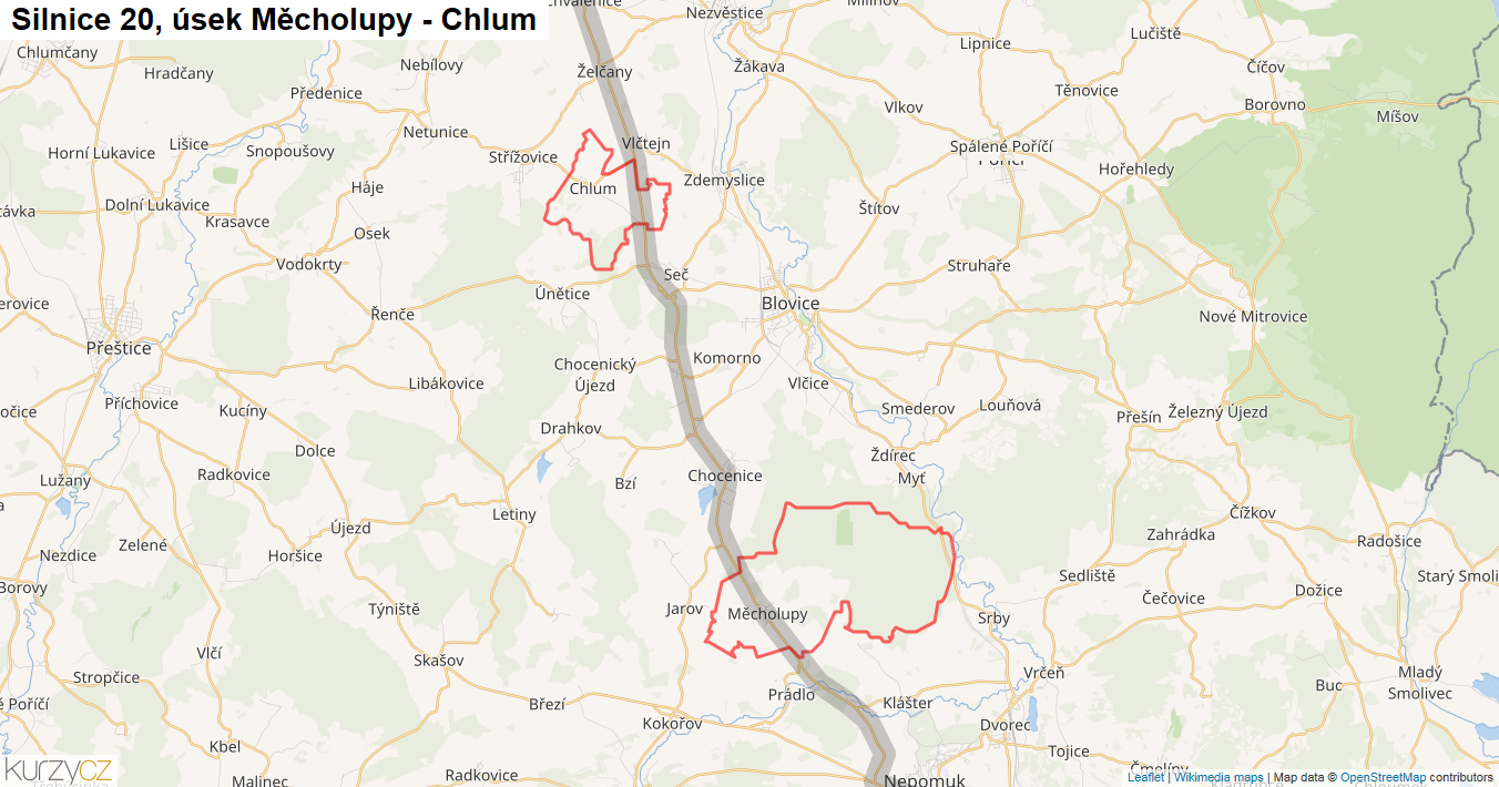Úsek Měcholupy - Chlum, Silnice 20 - Mapa