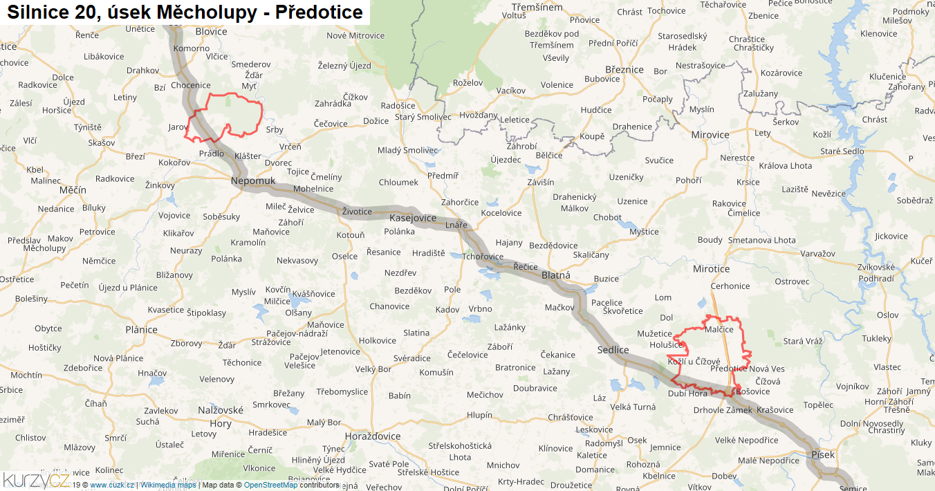 Úsek Měcholupy - Předotice, Silnice 20 - Mapa