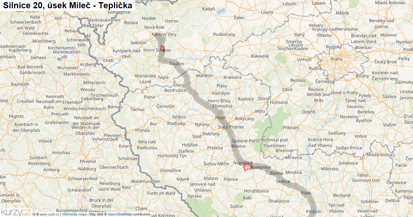 Úsek Mileč - Teplička, Silnice 20 - Mapa