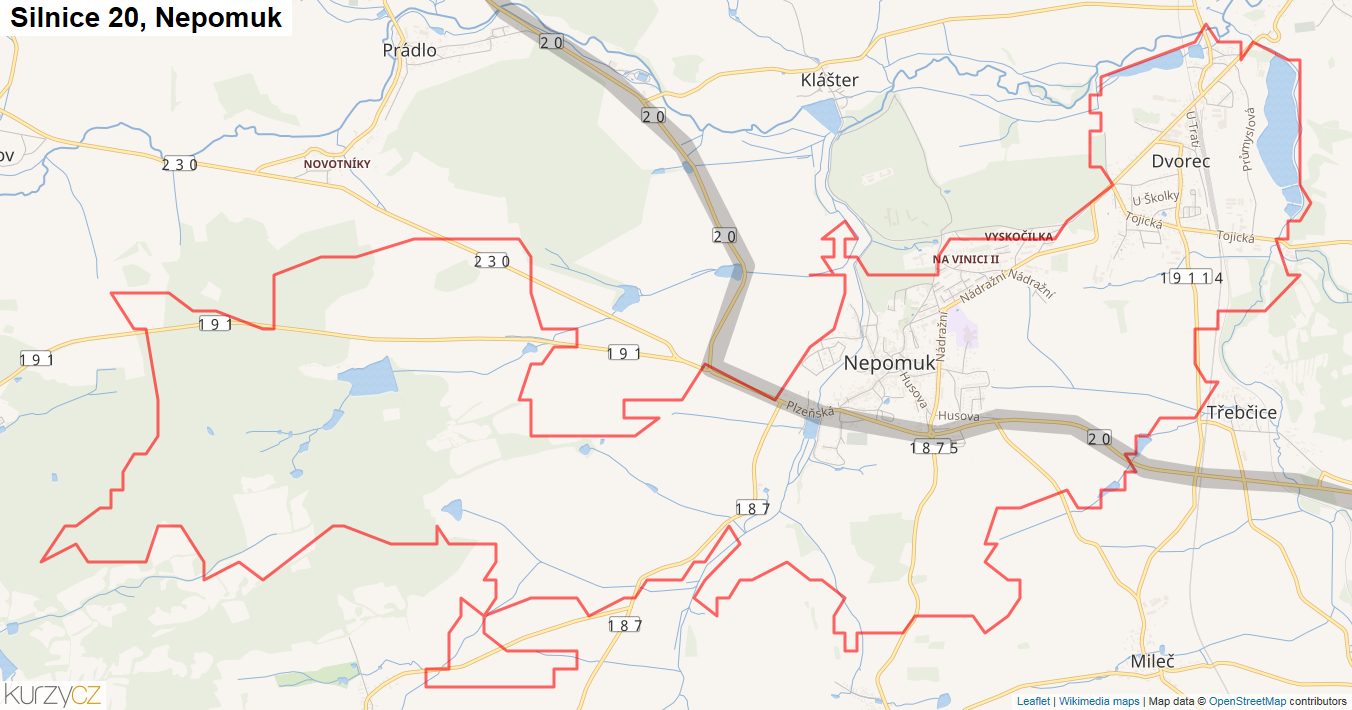 Nepomuk, Silnice 20 - Mapa