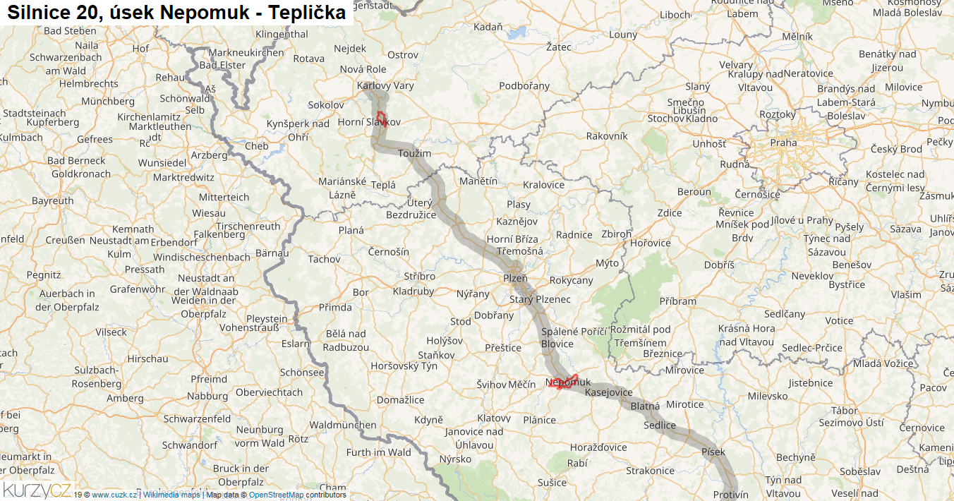 Úsek Nepomuk - Teplička, Silnice 20 - Mapa