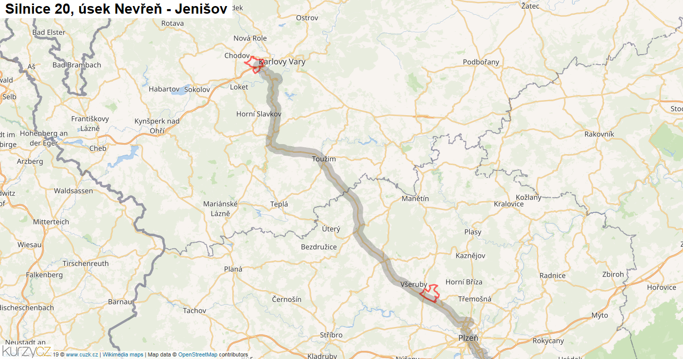 Úsek Nevřeň - Jenišov, Silnice 20 - Mapa