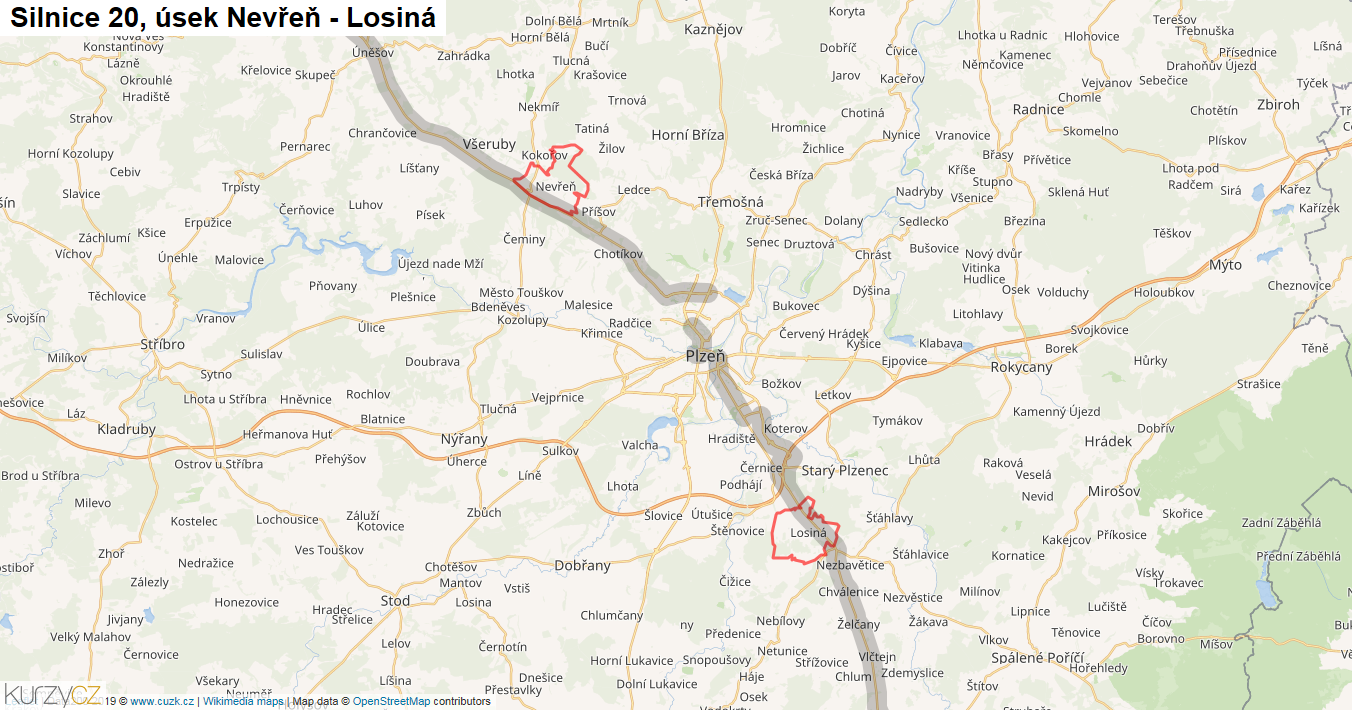 Úsek Nevřeň - Losiná, Silnice 20 - Mapa
