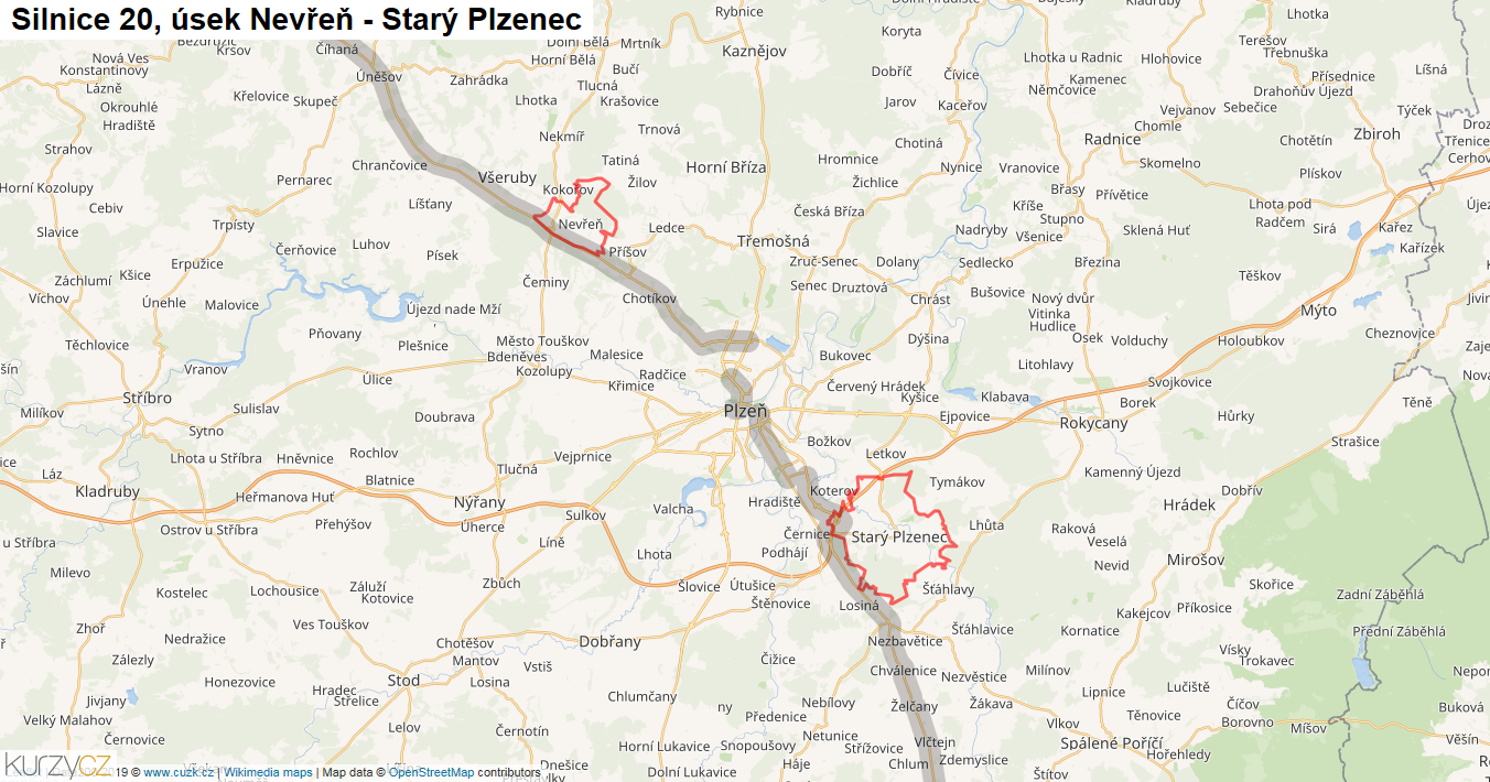Úsek Nevřeň - Starý Plzenec, Silnice 20 - Mapa