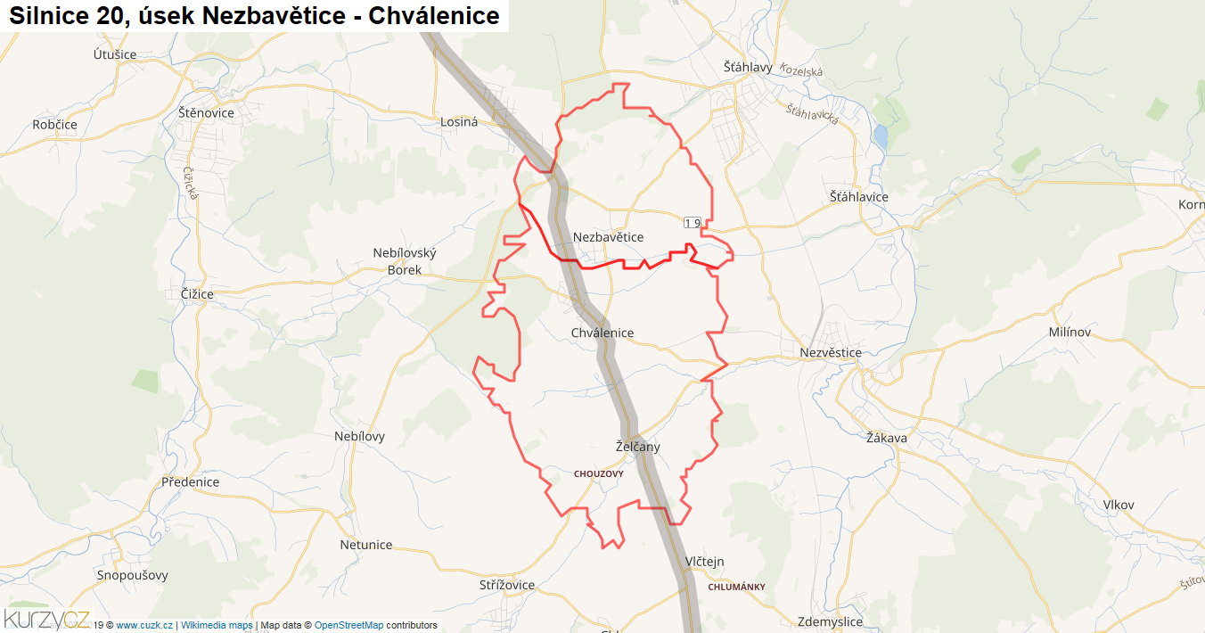 Úsek Nezbavětice - Chválenice, Silnice 20 - Mapa
