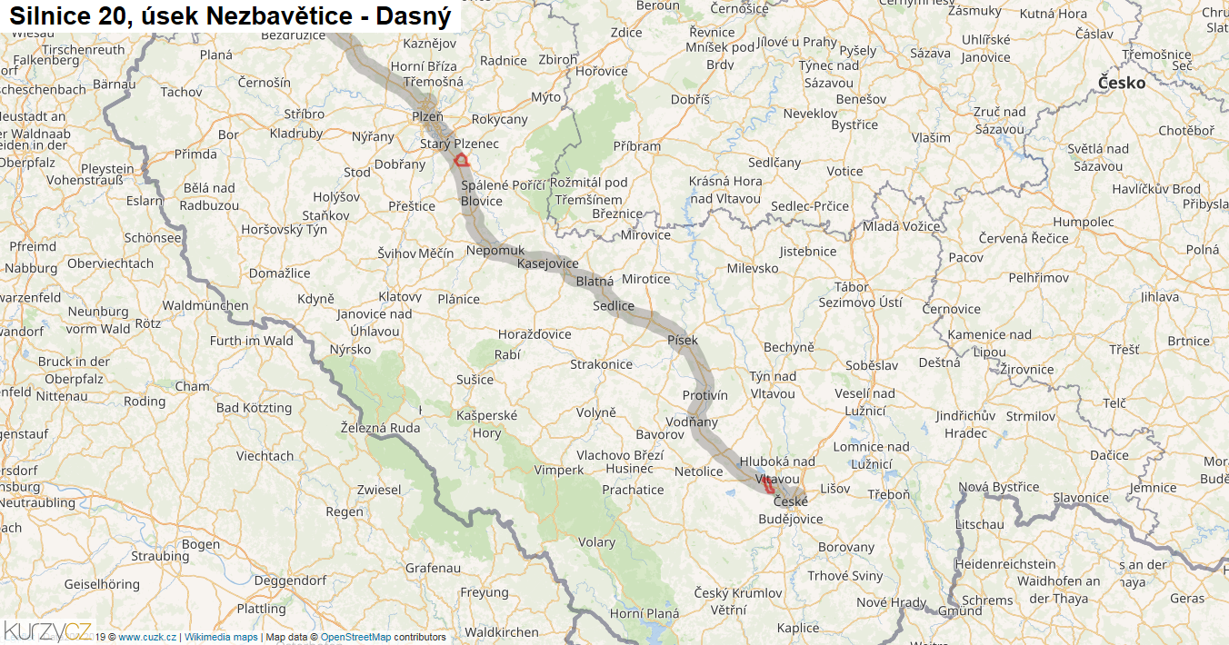 Úsek Nezbavětice - Dasný, Silnice 20 - Mapa