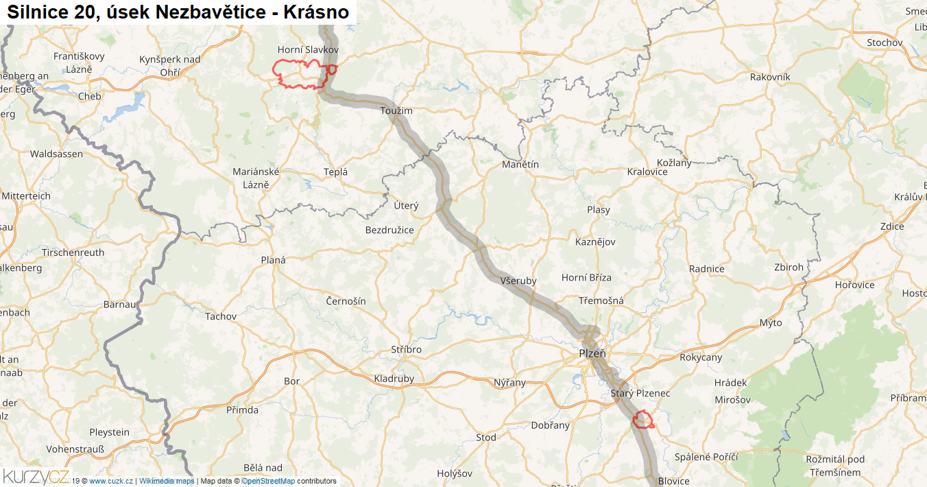 Úsek Nezbavětice - Krásno, Silnice 20 - Mapa