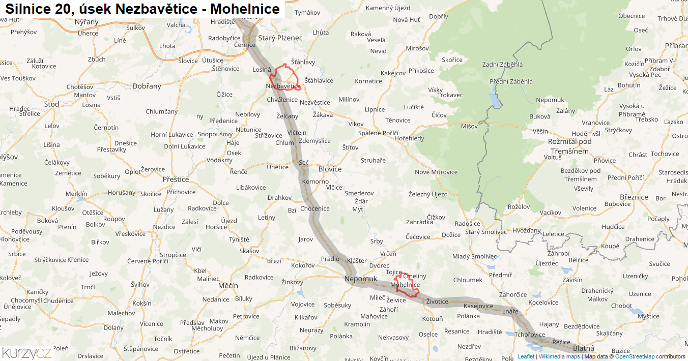 Úsek Nezbavětice - Mohelnice, Silnice 20 - Mapa