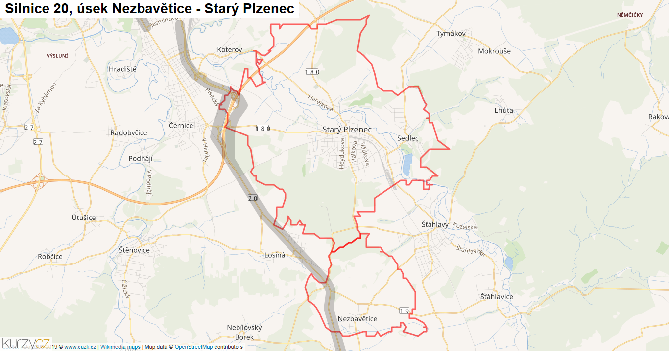 Úsek Nezbavětice - Starý Plzenec, Silnice 20 - Mapa