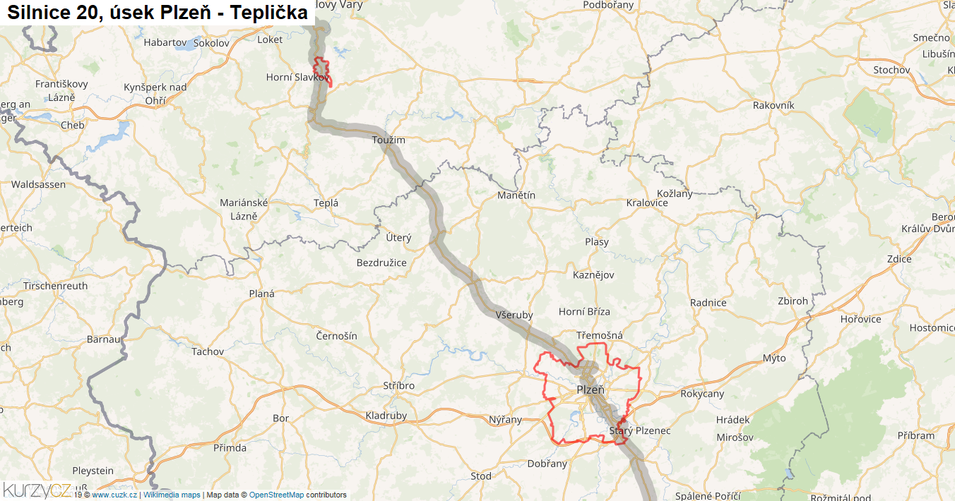 Úsek Plzeň - Teplička, Silnice 20 - Mapa