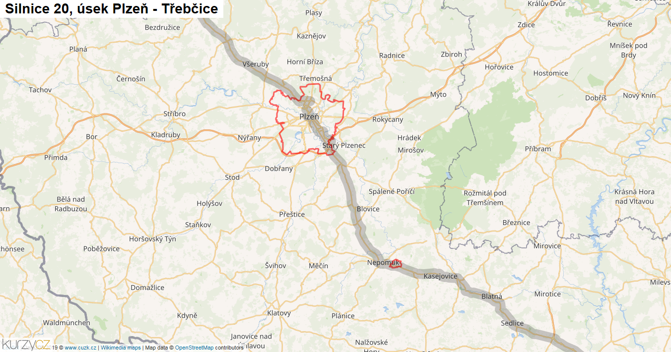 Úsek Plzeň - Třebčice, Silnice 20 - Mapa