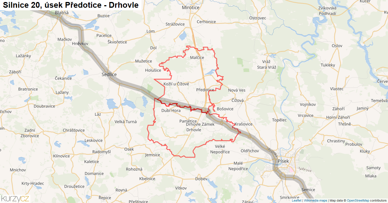 Úsek Předotice - Drhovle, Silnice 20 - Mapa