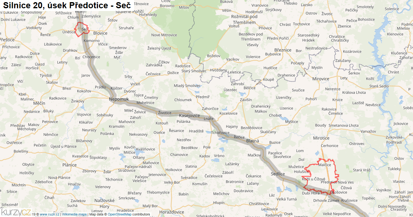 Úsek Předotice - Seč, Silnice 20 - Mapa