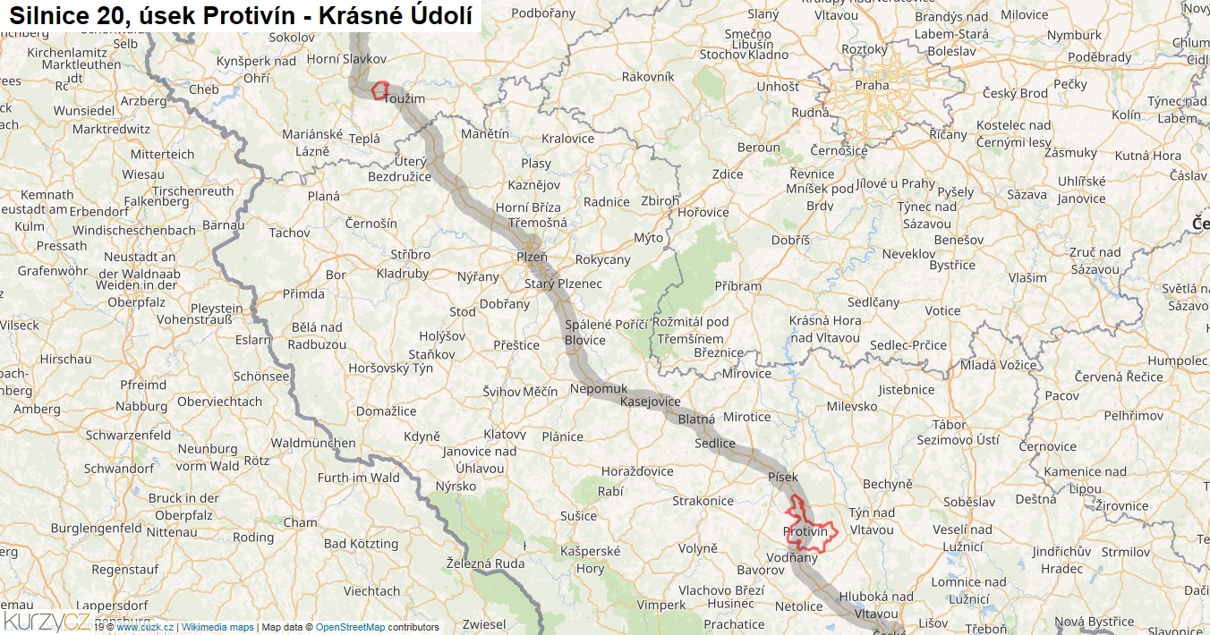 Úsek Protivín - Krásné Údolí, Silnice 20 - Mapa