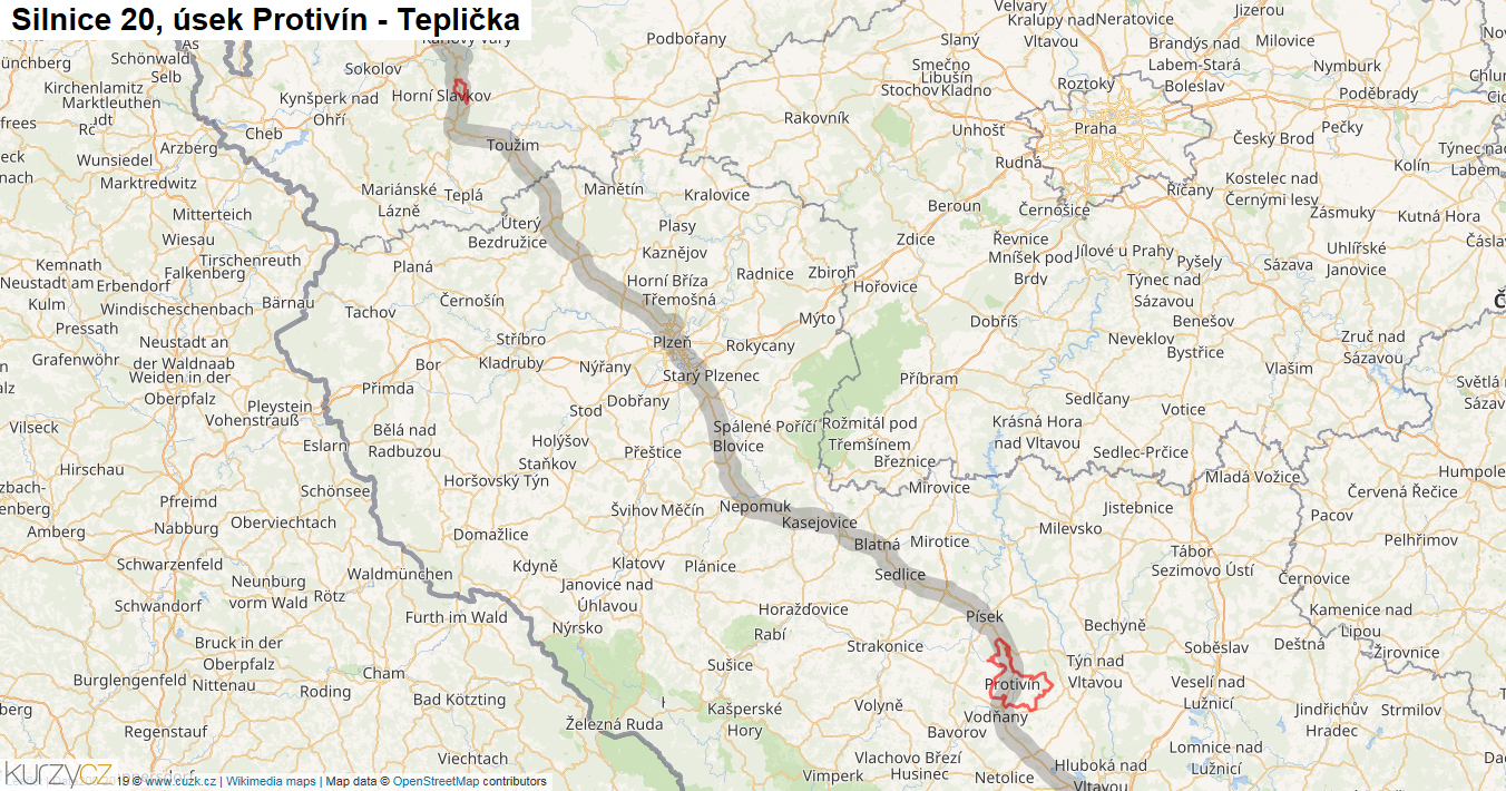 Úsek Protivín - Teplička, Silnice 20 - Mapa