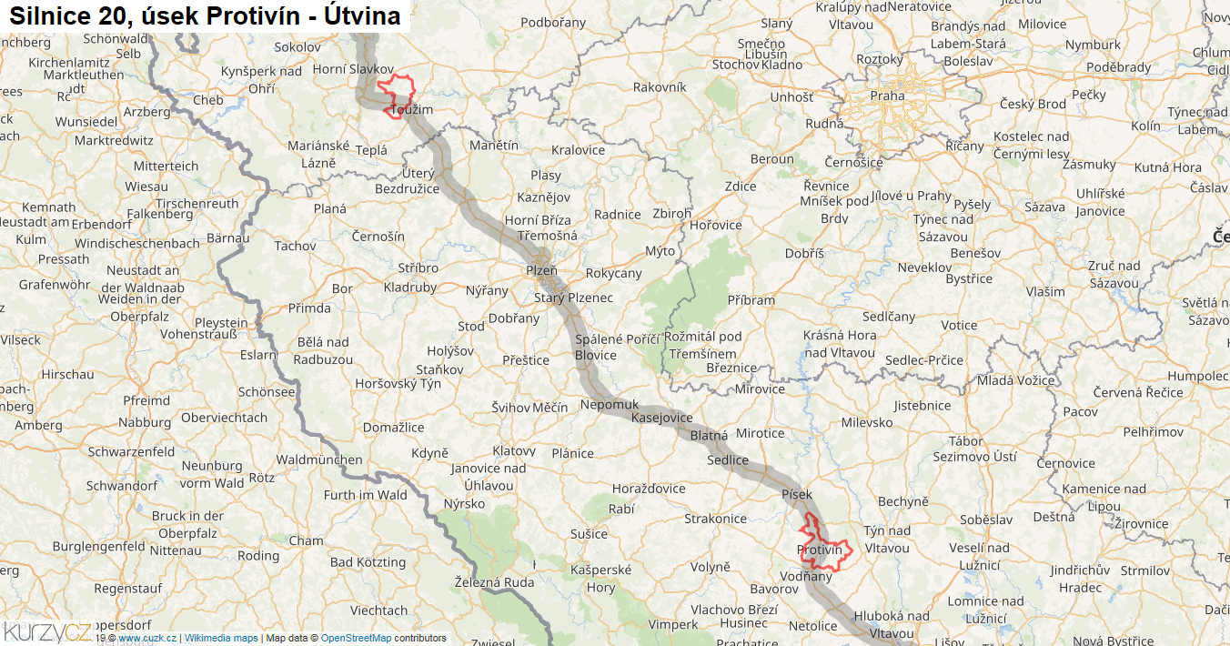 Úsek Protivín - Útvina, Silnice 20 - Mapa