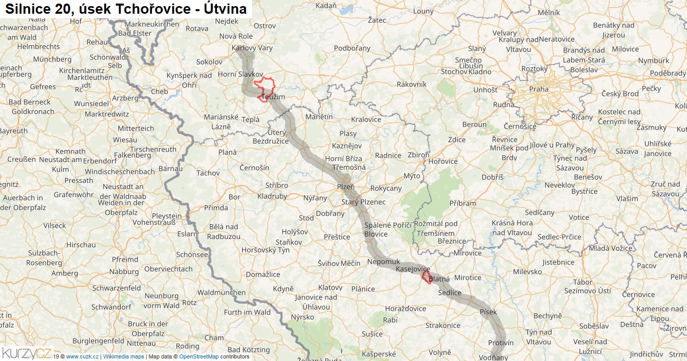 Úsek Tchořovice - Útvina, Silnice 20 - Mapa