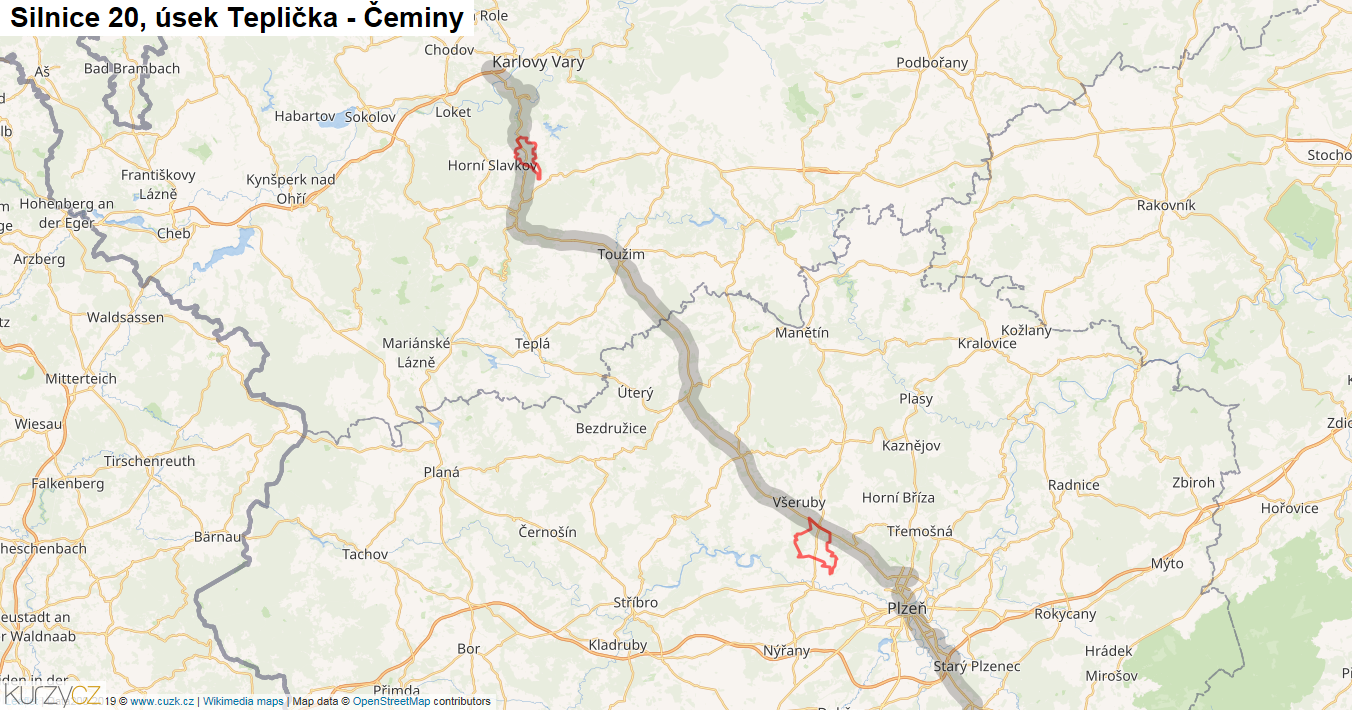 Úsek Teplička - Čeminy, Silnice 20 - Mapa