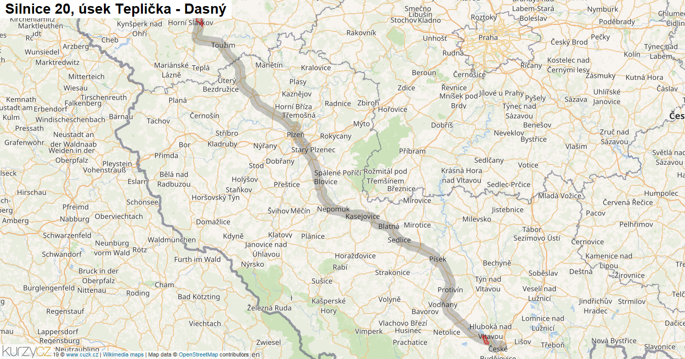 Úsek Teplička - Dasný, Silnice 20 - Mapa