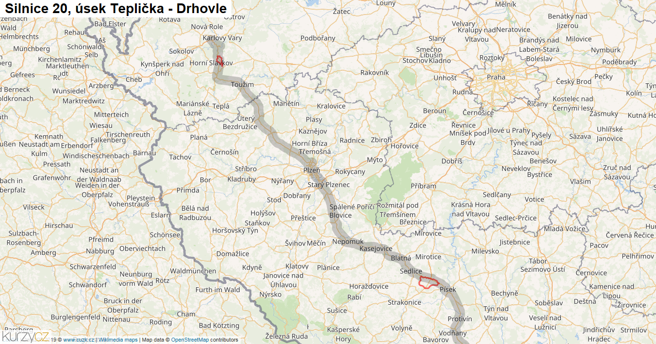 Úsek Teplička - Drhovle, Silnice 20 - Mapa