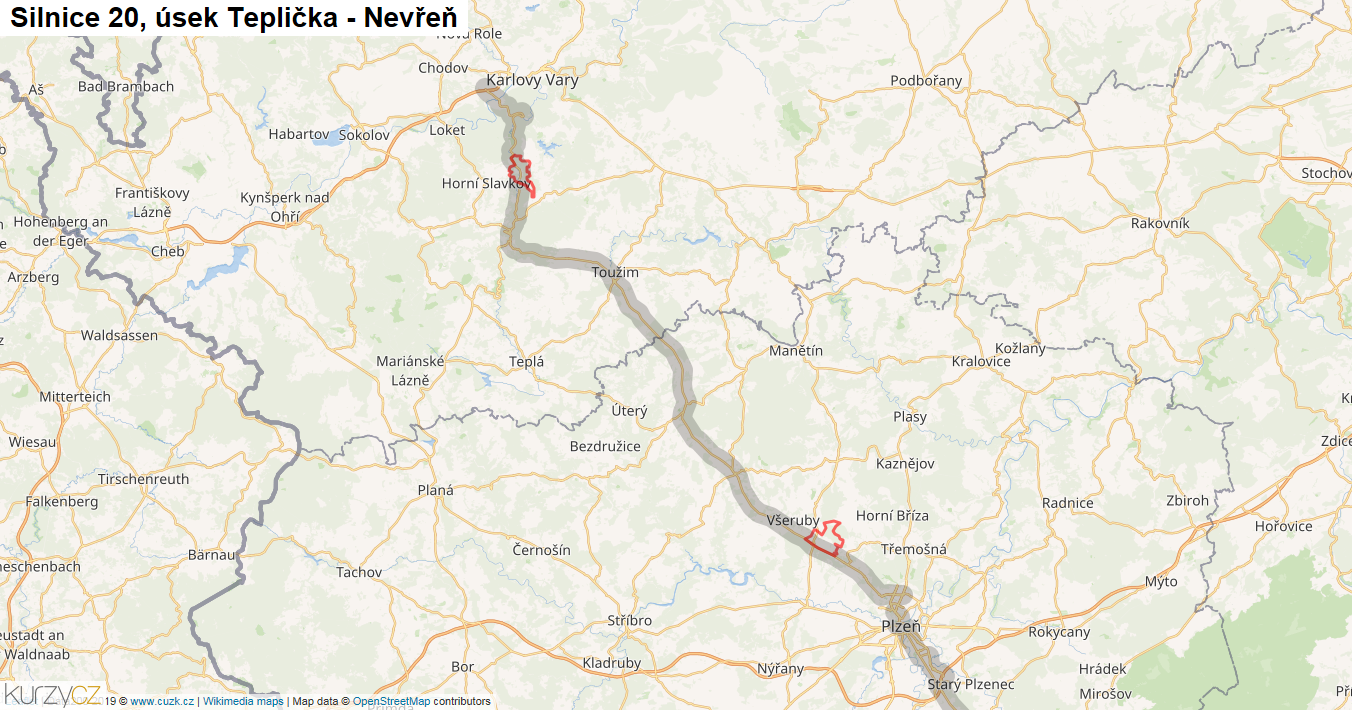 Úsek Teplička - Nevřeň, Silnice 20 - Mapa