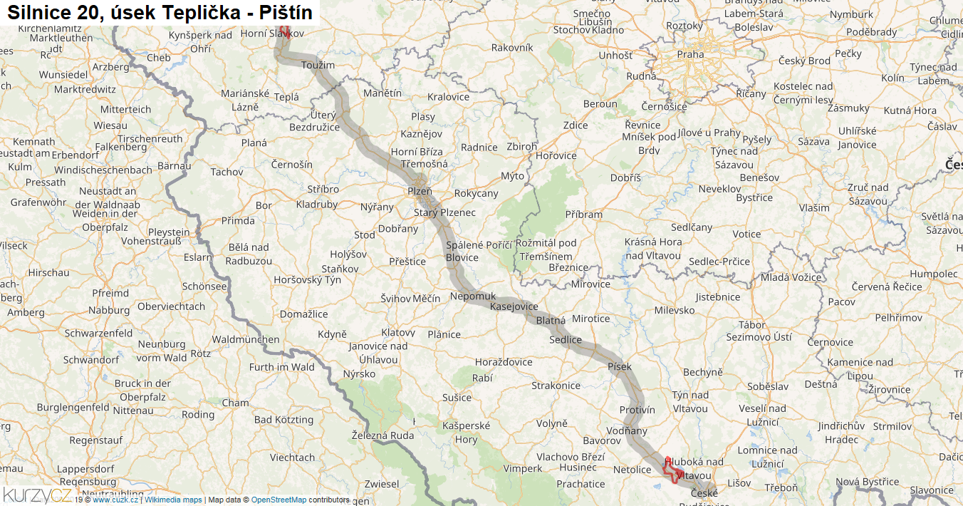 Úsek Teplička - Pištín, Silnice 20 - Mapa